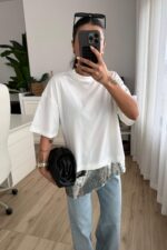 Asimetrik Payet Tişört Beyaz - Görsel 2