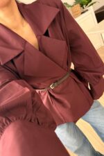 Balon Kol Kemerli Gömlek Mürdüm - Görsel 2