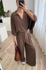 Polo Yaka Kısa Kollu Bol Pantolon Takım Kahverengi - Görsel 2