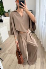 Polo Yaka Kısa Kollu Bol Pantolon Takım Toprak - Görsel 2