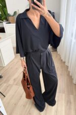 Polo Yaka Kısa Kollu Bol Pantolon Takım Siyah - Görsel 2