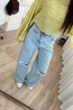 Geniş Paça Dizleri Yırtık Açık Mavi Jean - Görsel 3