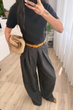 Pileli Bol Kesim Puantiyeli Pantolon Siyah - Görsel 2