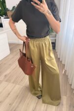 Geniş Paça Saten Pantolon Yağ Yeşil - Görsel 2