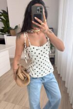 Puantiyeli Straplez Bağlamalı Bluz Beyaz - Görsel 3