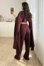 Kolları Pelerinli Crop Pantolon Takım Bordo - Görsel 4