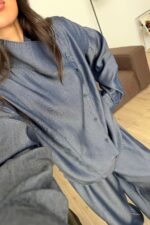 Yakası Çapraz Denim Tensel Takım Lacivert - Görsel 3