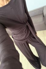 Buzzy Beli Bağlamalı Bluz Pantolon Takım Kahverengi - Görsel 3