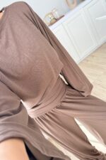 St Yarasa Kollu Beli Drapeli Pantolon Takım Kahverengi - Görsel 3