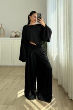 St Yarasa Kollu Beli Drapeli Pantolon Takım Siyah