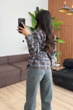 Yakası Düğmeli Bağlamalı Ekose Gömlek Mavi - Görsel 3