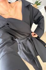 Kruvaze Yaka Geniş Omuz Gömlek Siyah - Görsel 3