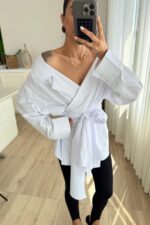 Kruvaze Yaka Geniş Omuz Gömlek Beyaz - Görsel 2