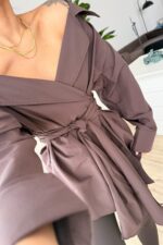 Kruvaze Yaka Geniş Omuz Gömlek Kahverengi - Görsel 3