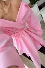 Kruvaze Yaka Geniş Omuz Gömlek Pembe - Görsel 2