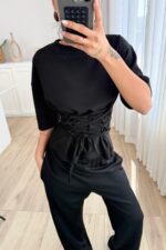 Beli Çapraz Bağlamalı Tişört Pantolon Takım Siyah - Görsel 3