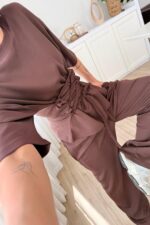 Beli Çapraz Bağlamalı Tişört Pantolon Takım Kahverengi - Görsel 3