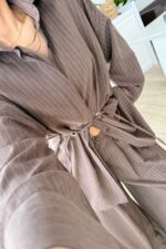 Çizgili Nubuk Gömlek Pantolon Takım Kahverengi - Görsel 3