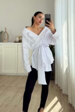 Kruvaze Yaka Geniş Omuz Gömlek Beyaz