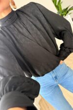 Beli Lastikli Boyundan Bağlamalı Bluz Siyah - Görsel 3