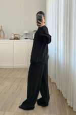 Asimetrik Dantel Detaylı Pantolon Takım Siyah - Görsel 3