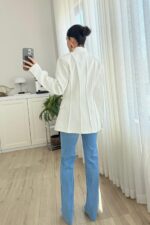 Nervurlu Yakasız Ceket Beyaz - Görsel 4