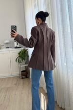 Nervurlu Yakasız Ceket Kahverengi - Görsel 4