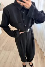 Çıtçıtlı Gömlek Kemerli Şalvar Pantolon Takım Siyah - Görsel 4