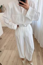 Çıtçıtlı Gömlek Kemerli Şalvar Pantolon Takım Beyaz - Görsel 3