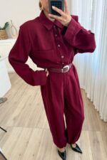 Çıtçıtlı Gömlek Kemerli Şalvar Pantolon Takım Bordo - Görsel 3