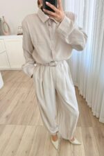 Çıtçıtlı Gömlek Kemerli Şalvar Pantolon Takım Taş - Görsel 3