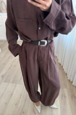 Çıtçıtlı Gömlek Kemerli Şalvar Pantolon Takım Kahverengi - Görsel 3