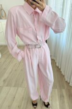 Çıtçıtlı Gömlek Kemerli Şalvar Pantolon Takım Pembe - Görsel 3