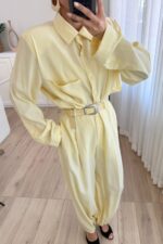 Çıtçıtlı Gömlek Kemerli Şalvar Pantolon Takım Sarı - Görsel 3