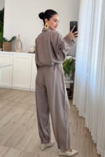 Çıtçıtlı Gömlek Kemerli Şalvar Pantolon Takım Vizon - Görsel 4