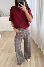 Beli İpli Geniş Paça Ekose Kahve Jean - Görsel 2