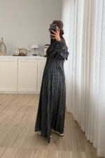 Pile Detaylı Ekose Elbise Haki - Görsel 3