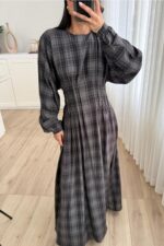 Pile Detaylı Ekose Elbise Antrasit - Görsel 2