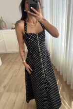 Çapraz Askılı Puantiyeli Fermuarlı Elbise Siyah - Görsel 3