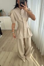 Ous Kısa Kol Belden Oturtmalı Pantolon Takım Taş - Görsel 2