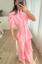 Ous Kısa Kol Belden Oturtmalı Pantolon Takım Pembe - Görsel 2