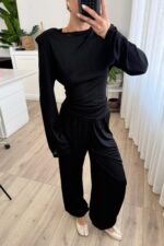 Beli Ayarlanabilir Uzun Kollu Bluz Eşofman Takım Siyah - Görsel 2