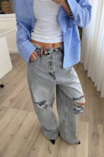 Beli Katlı Dizi Yırtık Antrasit Jean - Görsel 2