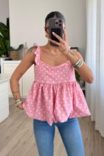 Fiyonk Detaylı Puantiyeli Balon Bluz Pembe - Görsel 3