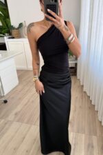 Tek Omzu Drapeli Saten Elbise Siyah - Görsel 2