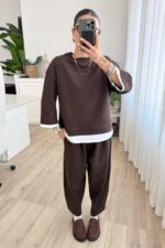 Üstü İki Parça Pantolon Takım Kahverengi - Görsel 2