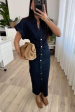 Denim Düşük Kol Beli Drapeli Lacivert Elbise - Görsel 2