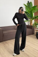 Relax Düşük Omuz Bluz Pantolon Takım Siyah