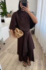 Yarasa Kol Belden Oturtmalı Etek Takım Kahverengi - Görsel 2