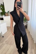 Drapeli Beli Bağlamalı Yelek Takım Siyah - Görsel 2